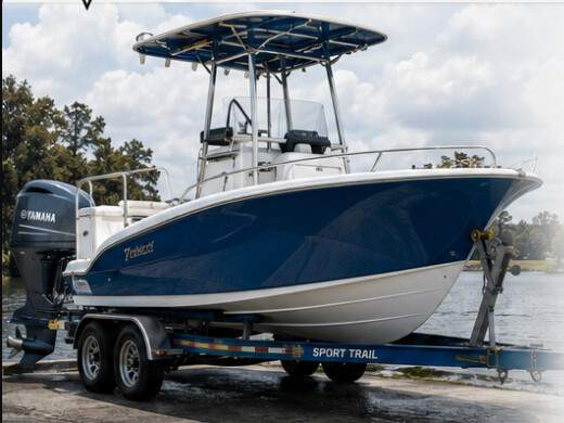 Blue and white boat after marine detailing