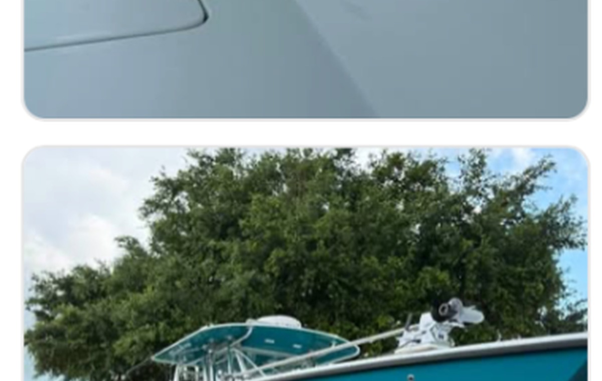 Boat finish restored to a glossy blue surface