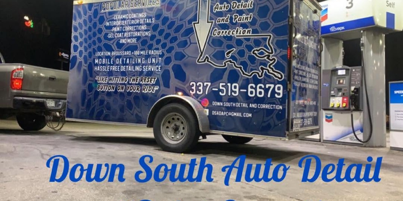 Down South mobile detailing trailer with blue honeycomb branding
